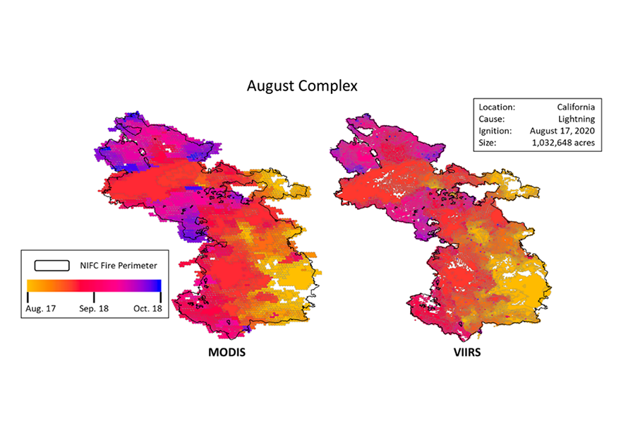 High-resolution sub-daily wildfire growth of the August Complex in California, August 17 through October 18, 2020, derived from MODIS and VIIRS fire detections. 